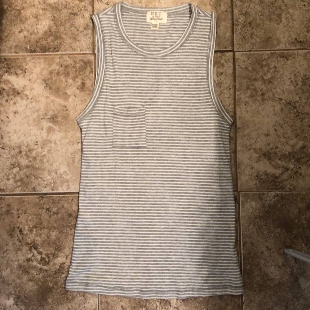 Grey and white striped pocket tank top.